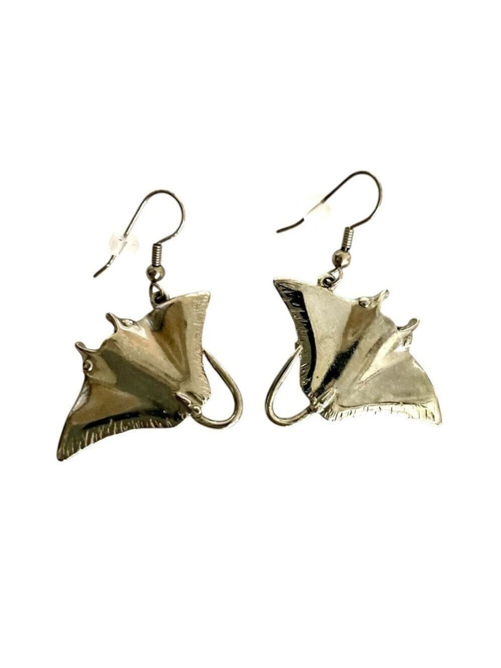 Silver Tone Bat Earrings Large Heavy Shiny